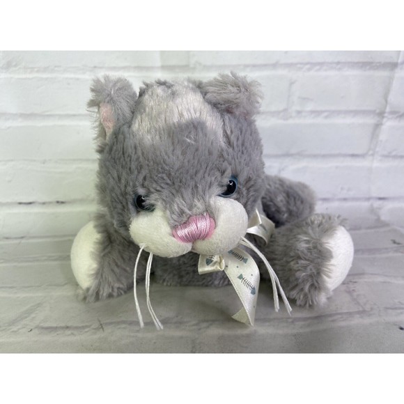 Fiesta Kitten Kitty Cat Floppy Stuffed Plush Gray White Fish Bone Bow Pink Nose - Picture 2 of 10